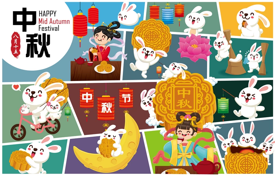 中秋节玉兔嫦娥奔月月饼卡通插画节日节气海报背景AI矢量设计素材【230】